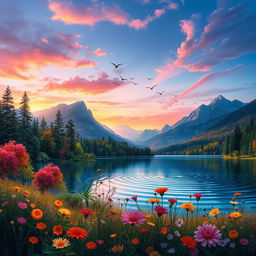 A beautifully detailed and colorful fantasy landscape featuring a serene lake surrounded by lush, vibrant forests and majestic mountains in the background