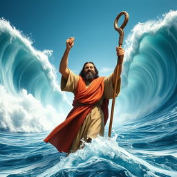 A realistic selfie of Moses standing at the edge of the Red Sea as he parts the waters, showcasing the towering waves on either side