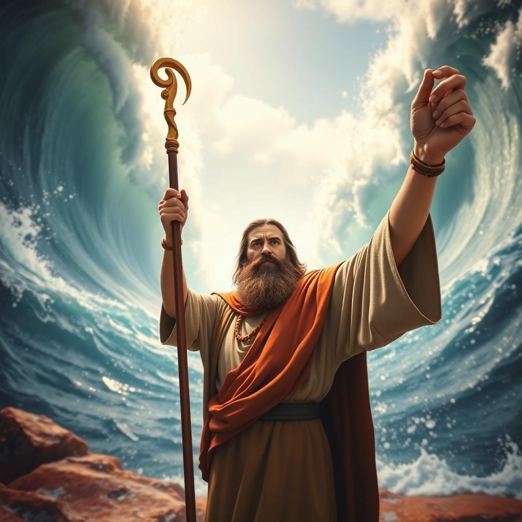 A realistic selfie of Moses standing at the edge of the Red Sea as he parts the waters, showcasing the towering waves on either side
