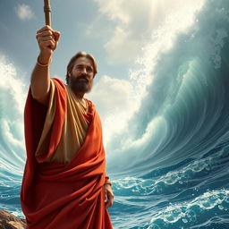 A realistic selfie of Moses standing at the edge of the Red Sea as he parts the waters, showcasing the towering waves on either side