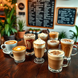 A stylish café scene featuring a variety of coffee drinks beautifully arranged on a rustic wooden table