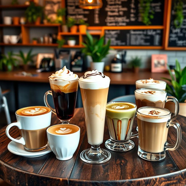 A stylish café scene featuring a variety of coffee drinks beautifully arranged on a rustic wooden table