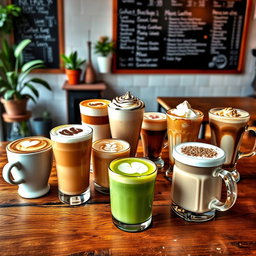 A stylish café scene featuring a variety of coffee drinks beautifully arranged on a rustic wooden table