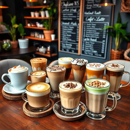 A stylish café scene featuring a variety of coffee drinks beautifully arranged on a rustic wooden table