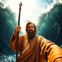 A realistic selfie of Moses as he parts the Red Sea, showcasing the stunning spectacle with towering walls of water on both sides