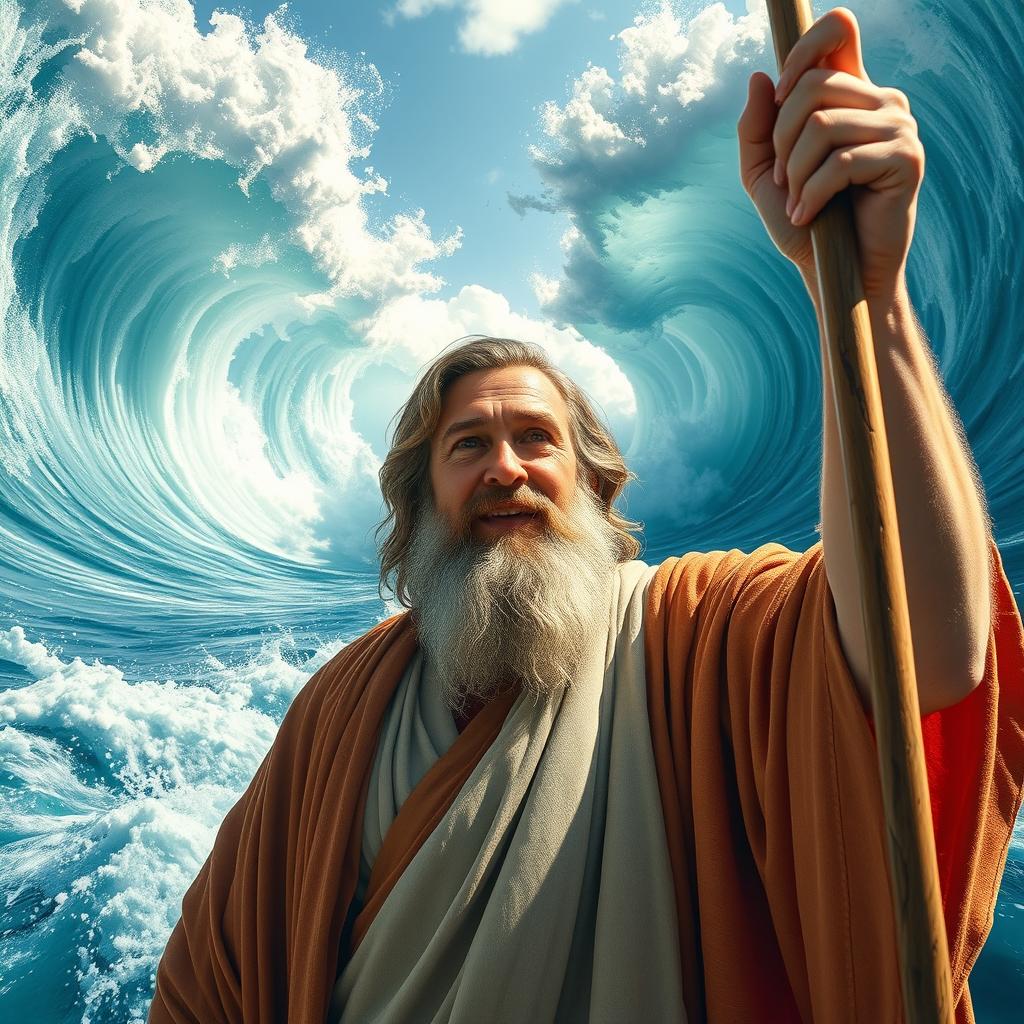 A realistic selfie of Moses as he parts the Red Sea, showcasing the stunning spectacle with towering walls of water on both sides