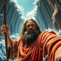 A realistic selfie of Moses as he parts the Red Sea, showcasing the stunning spectacle with towering walls of water on both sides
