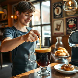 A beautifully staged cafe scene featuring a barista pouring a rich, dark Americano coffee into a white ceramic cup