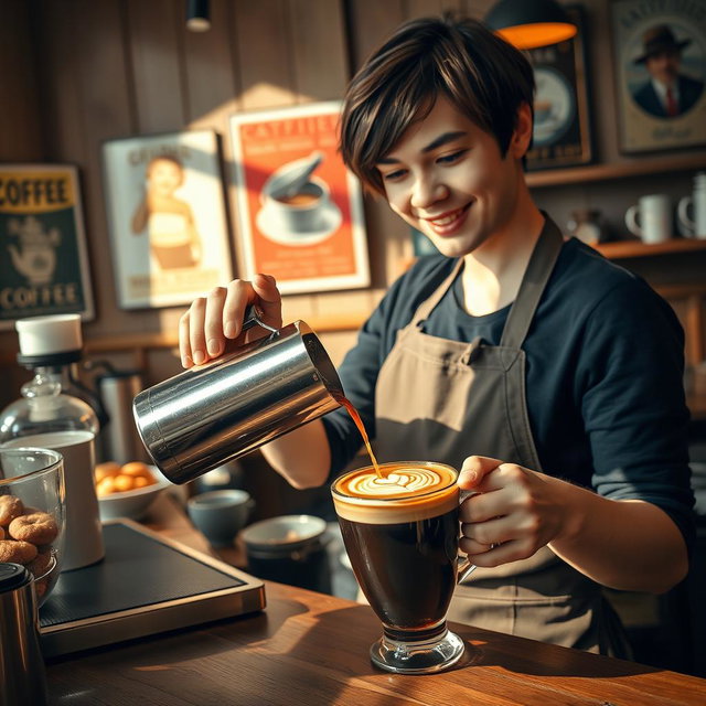 A beautifully staged cafe scene featuring a barista pouring a rich, dark Americano coffee into a white ceramic cup