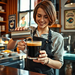 A beautifully staged cafe scene featuring a barista pouring a rich, dark Americano coffee into a white ceramic cup