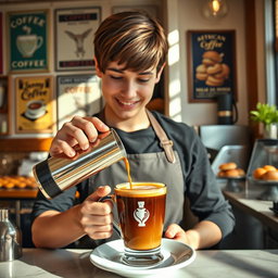 A beautifully staged cafe scene featuring a barista pouring a rich, dark Americano coffee into a white ceramic cup