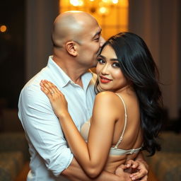 A 39-year-old Indonesian man with pure white skin is affectionately hugging a beautiful 28-year-old woman from behind, kissing her cheek tenderly