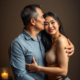 A 39-year-old Indonesian man with pure white skin is affectionately hugging a beautiful 28-year-old woman from behind, kissing her cheek tenderly