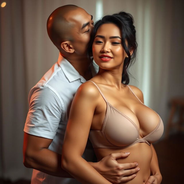 A 39-year-old Indonesian man with pure white skin is affectionately hugging a beautiful 28-year-old woman from behind, kissing her cheek tenderly