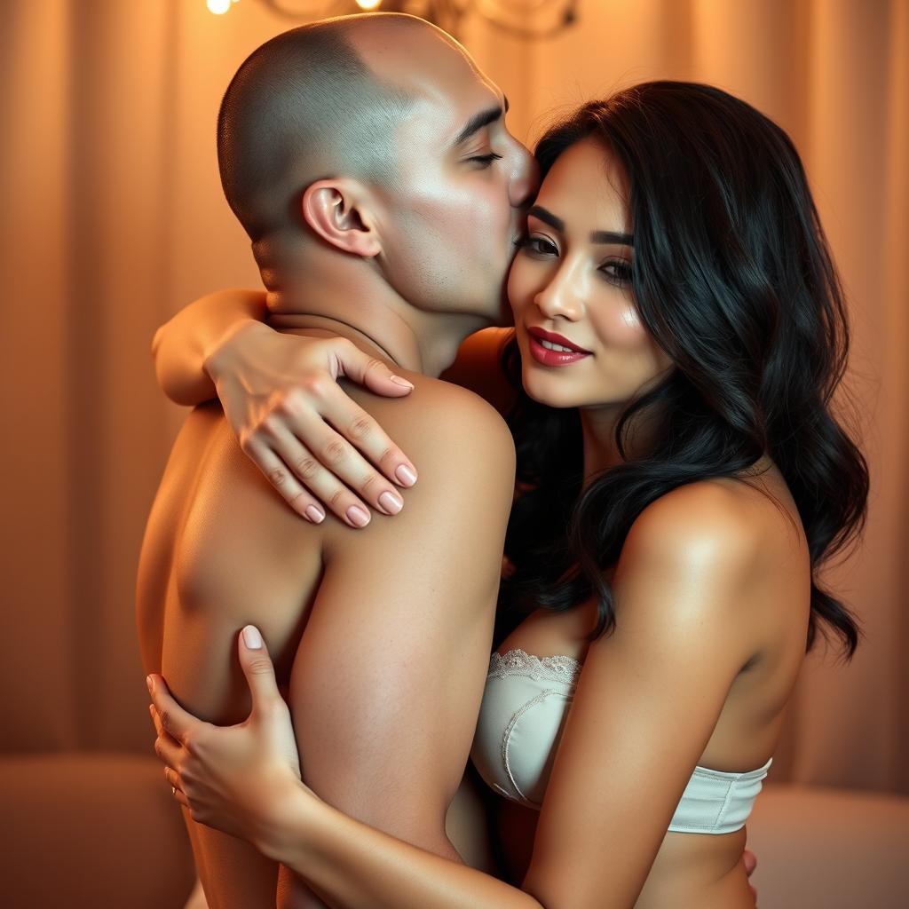 A 39-year-old Indonesian man with pure white skin is affectionately hugging a beautiful 28-year-old woman from behind, kissing her cheek tenderly