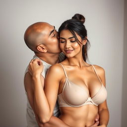 A 39-year-old Indonesian man with pure white skin is affectionately hugging a beautiful 28-year-old woman from behind, kissing her cheek tenderly