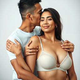 A 39-year-old Indonesian man with pure white skin is affectionately hugging a beautiful 28-year-old woman from behind, kissing her cheek tenderly