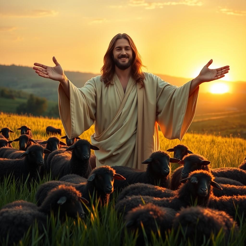 A serene and peaceful scene depicting Jesus, radiating compassion and love, surrounded by a flock of black sheep in a lush green pasture