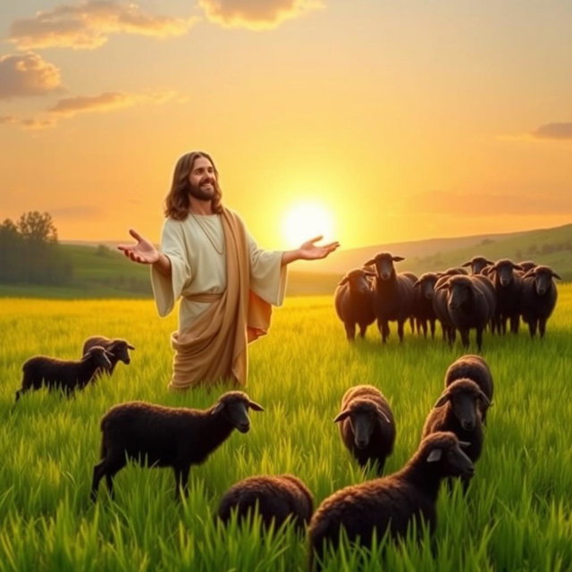 A serene and peaceful scene depicting Jesus, radiating compassion and love, surrounded by a flock of black sheep in a lush green pasture
