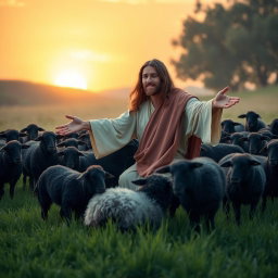 A serene and peaceful scene depicting Jesus, radiating compassion and love, surrounded by a flock of black sheep in a lush green pasture