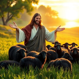 A serene and peaceful scene depicting Jesus, radiating compassion and love, surrounded by a flock of black sheep in a lush green pasture