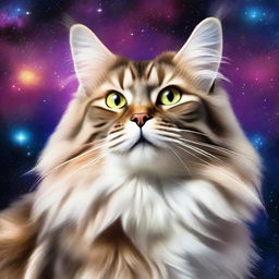 A realistic portrait of an elegant Maine Coon cat, glazing towards the stars, set against a celestial backdrop filled with vibrant galaxies, nebulae and star clusters.