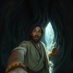 A realistic selfie of Jonah inside the belly of a whale, capturing the surreal environment around him
