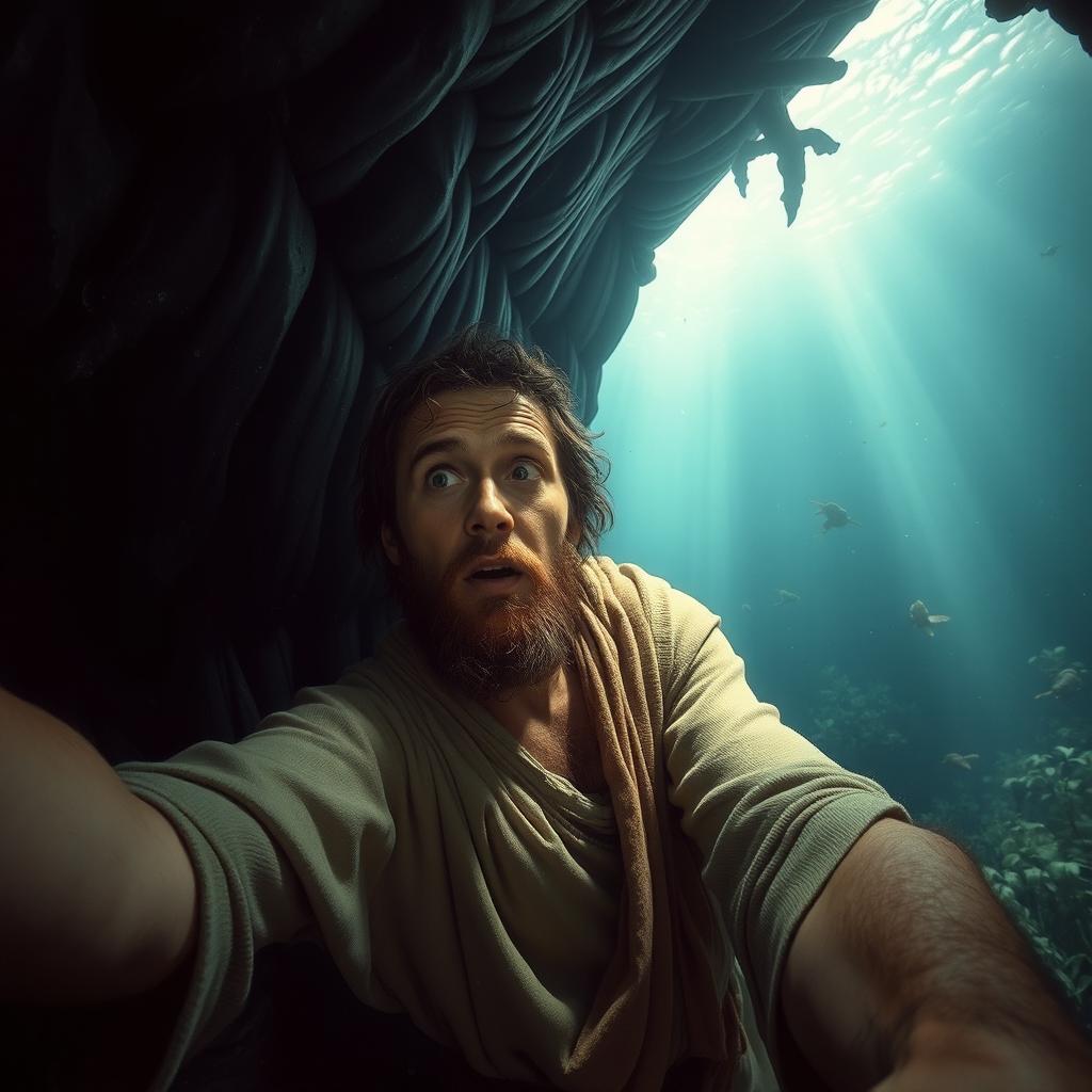A realistic selfie of Jonah inside the belly of a whale, capturing the surreal environment around him