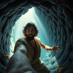 A realistic selfie of Jonah inside the belly of a whale, capturing the surreal environment around him