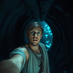 A realistic selfie of Jonah inside the belly of a whale, capturing his expression of awe and curiosity