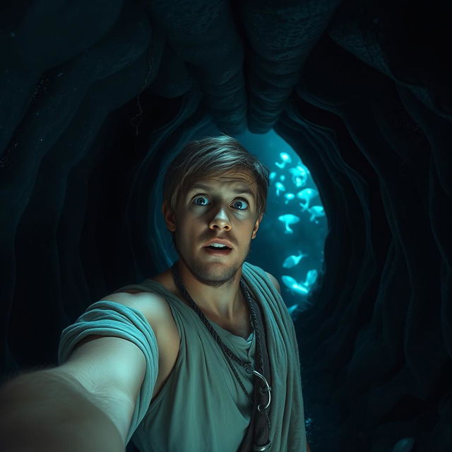 A realistic selfie of Jonah inside the belly of a whale, capturing his expression of awe and curiosity