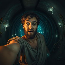 A realistic selfie of Jonah inside the belly of a whale, capturing his expression of awe and curiosity
