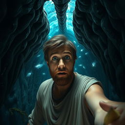 A realistic selfie of Jonah inside the belly of a whale, capturing his expression of awe and curiosity