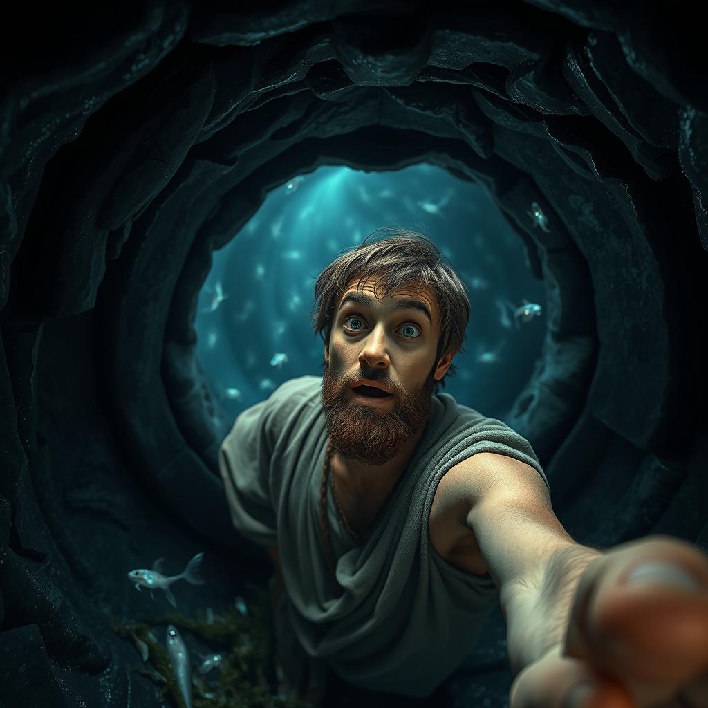 A realistic selfie of Jonah inside the belly of a whale, capturing his expression of awe and curiosity