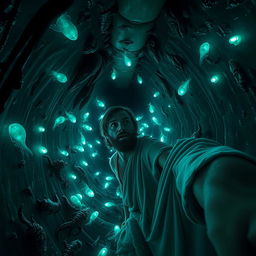 A realistic selfie of Jonah inside the belly of a whale, showing his astonished face as he navigates the dark, cavernous space