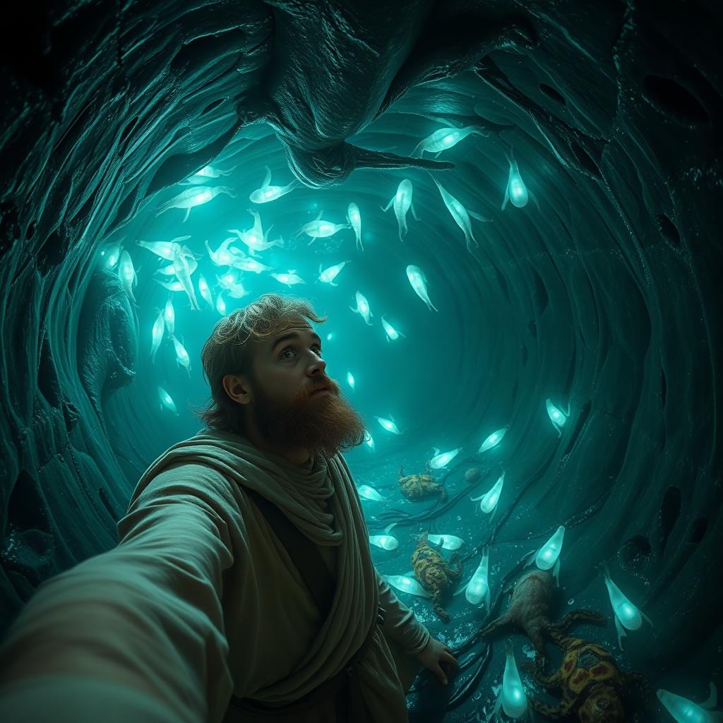 A realistic selfie of Jonah inside the belly of a whale, showing his astonished face as he navigates the dark, cavernous space
