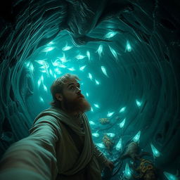 A realistic selfie of Jonah inside the belly of a whale, showing his astonished face as he navigates the dark, cavernous space