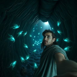 A realistic selfie of Jonah inside the belly of a whale, showing his astonished face as he navigates the dark, cavernous space