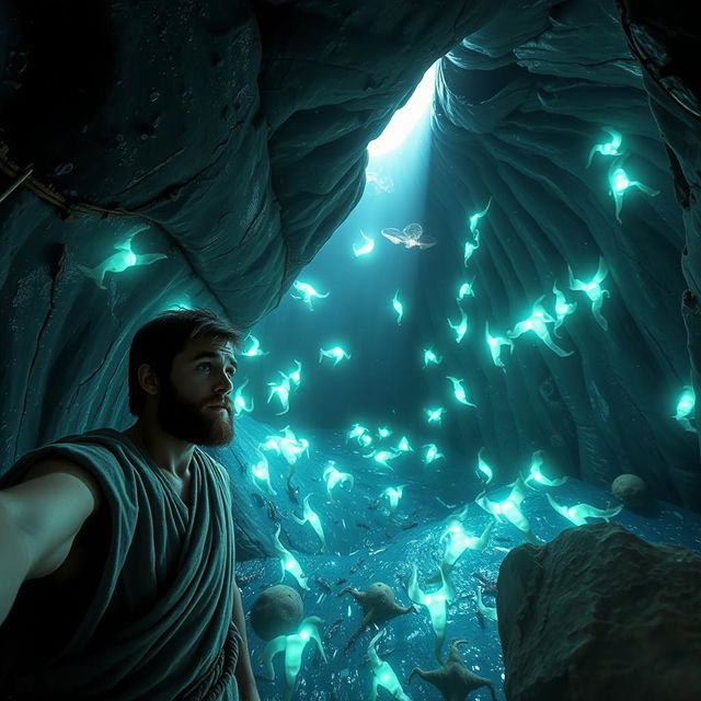 A realistic selfie of Jonah inside the belly of a whale, showing his astonished face as he navigates the dark, cavernous space