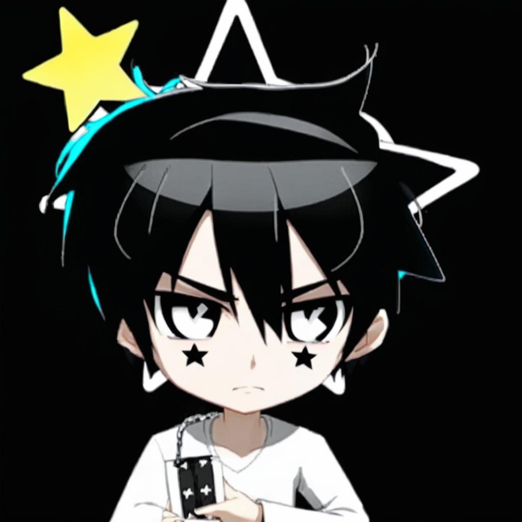 Boy with black hair, black eyes and a black star under his eye, pale skin and black background