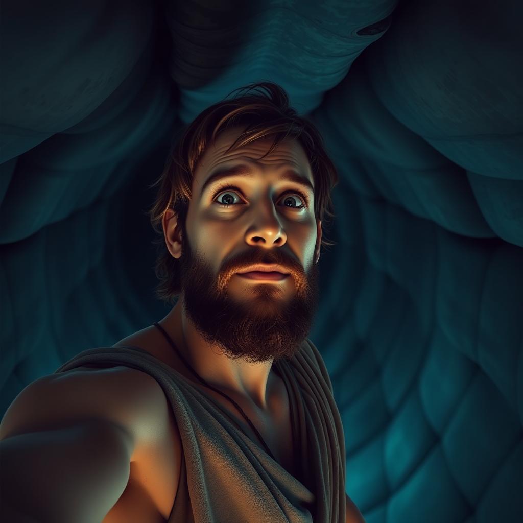 A realistic selfie of Jonah inside the belly of a whale, showing his expression of wonder and curiosity