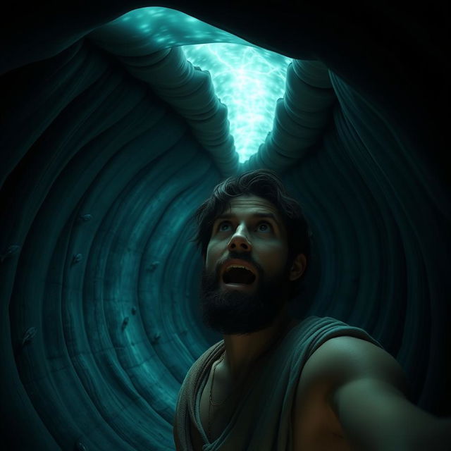A realistic selfie of Jonah inside the belly of a whale, showing his expression of wonder and curiosity
