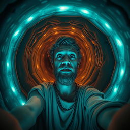 A realistic selfie of Jonah inside the belly of a whale, showing his expression of wonder and curiosity