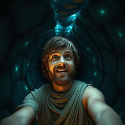 A realistic selfie of Jonah inside the belly of a whale, showing his expression of wonder and curiosity