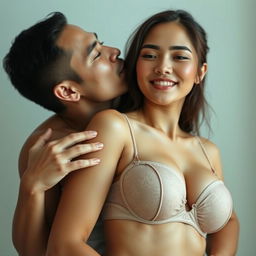 A 39-year-old Indonesian man with pure white skin is tenderly hugging a beautiful 28-year-old woman from behind, kissing her cheek affectionately