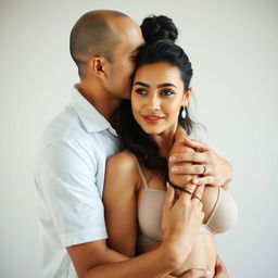 A 39-year-old Indonesian man with pure white skin is tenderly hugging a beautiful 28-year-old woman from behind, kissing her cheek affectionately