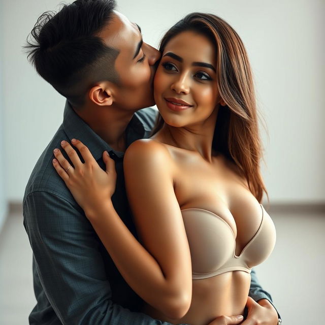 A 39-year-old Indonesian man with pure white skin is tenderly hugging a beautiful 28-year-old woman from behind, kissing her cheek affectionately