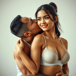 A 39-year-old Indonesian man with pure white skin is tenderly hugging a beautiful 28-year-old woman from behind, kissing her cheek affectionately