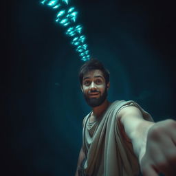 A realistic selfie of Jonah inside the belly of a whale, depicting his amazed expression as he explores this vast, cavernous space