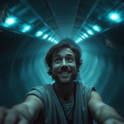 A realistic selfie of Jonah inside the belly of a whale, depicting his amazed expression as he explores this vast, cavernous space